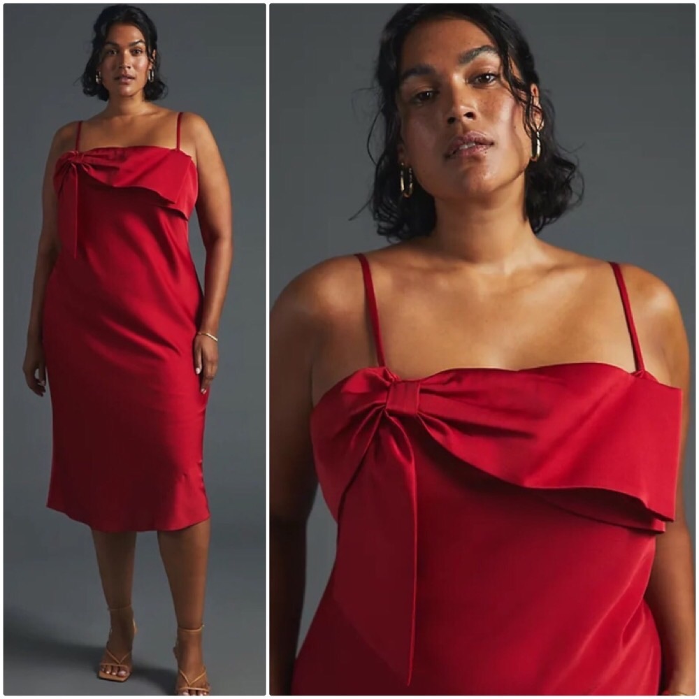 NWT ANTHROPOLOGIE BOW FRONT SLIP MIDI DRESS IN RED - Picture 1 of 10